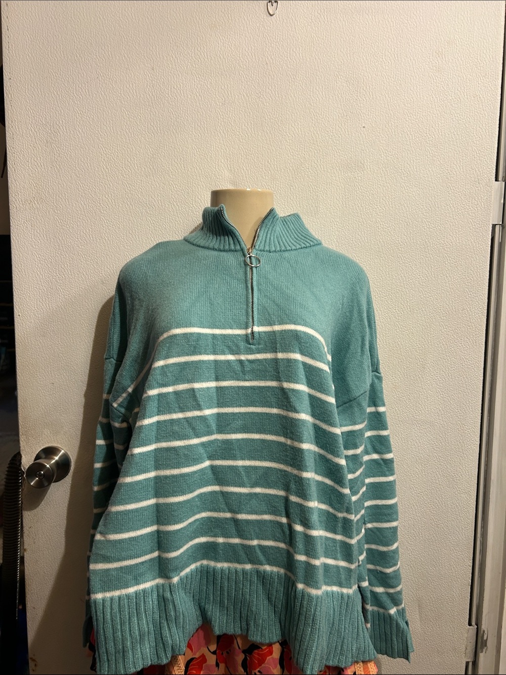 crown & ivy Teal and White Striped Half-Zip Sweater